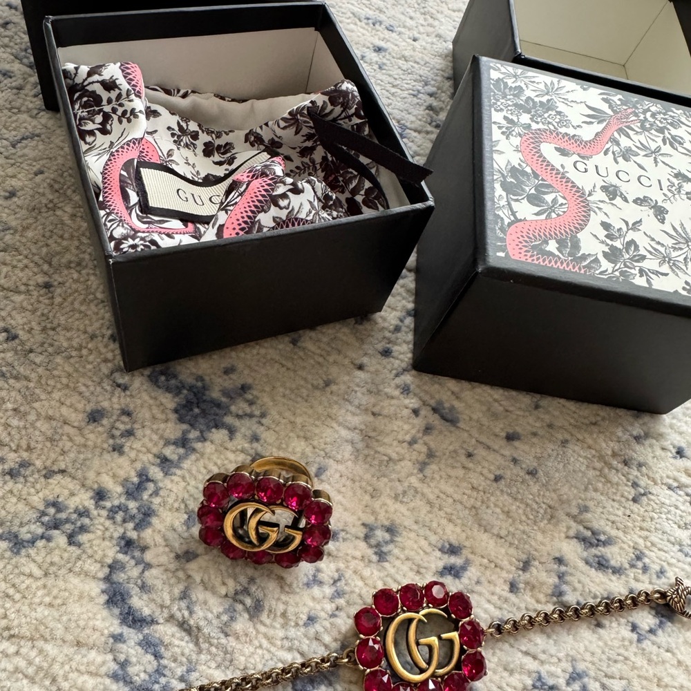 Gucci Gold and Red Crystal GG Jewelry Set. Never worn